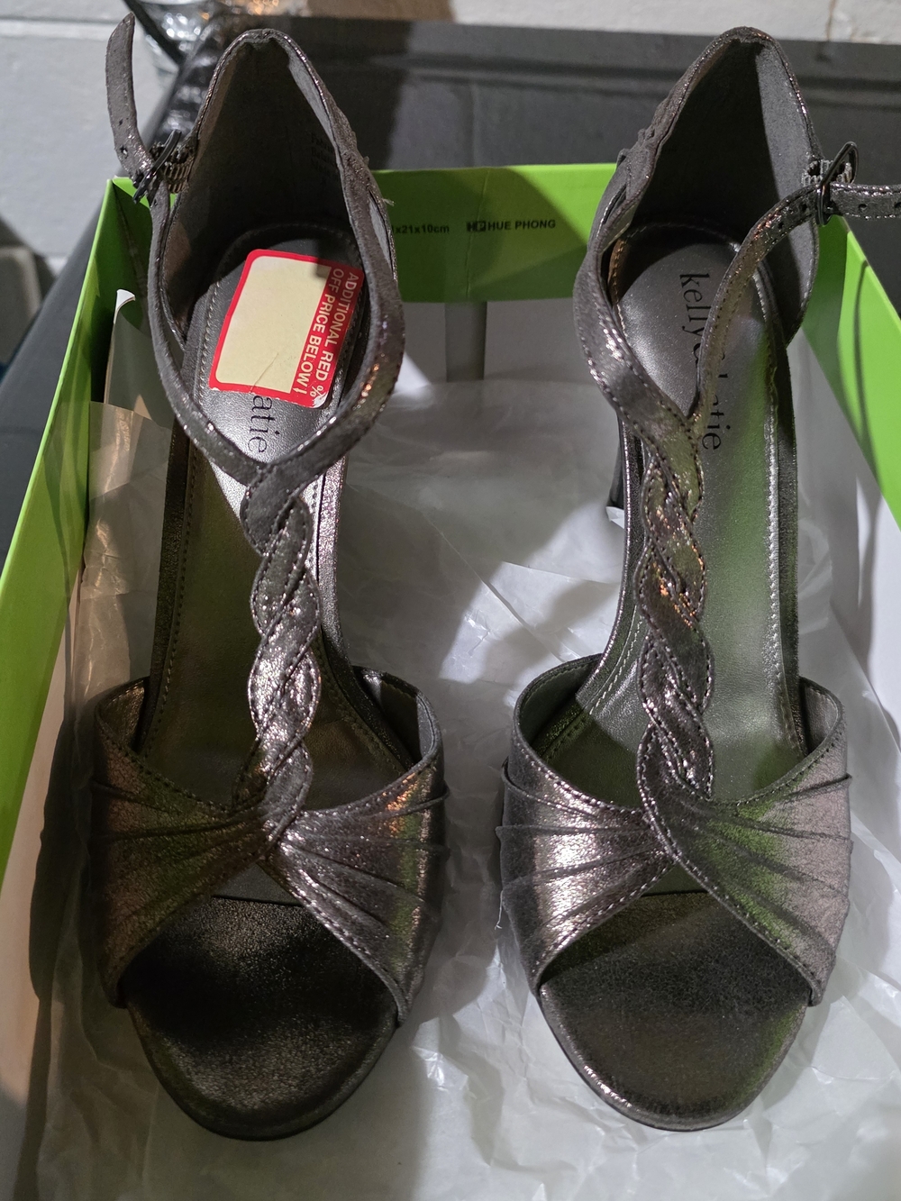 Kelly & Katie Metallic Pewter Braided T-Strap Heels